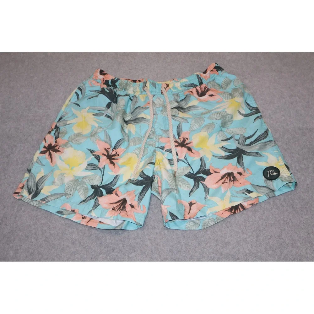 Quiksilver Swim Trunks Mens XL Blue Floral Board Shorts Drawstring 7
